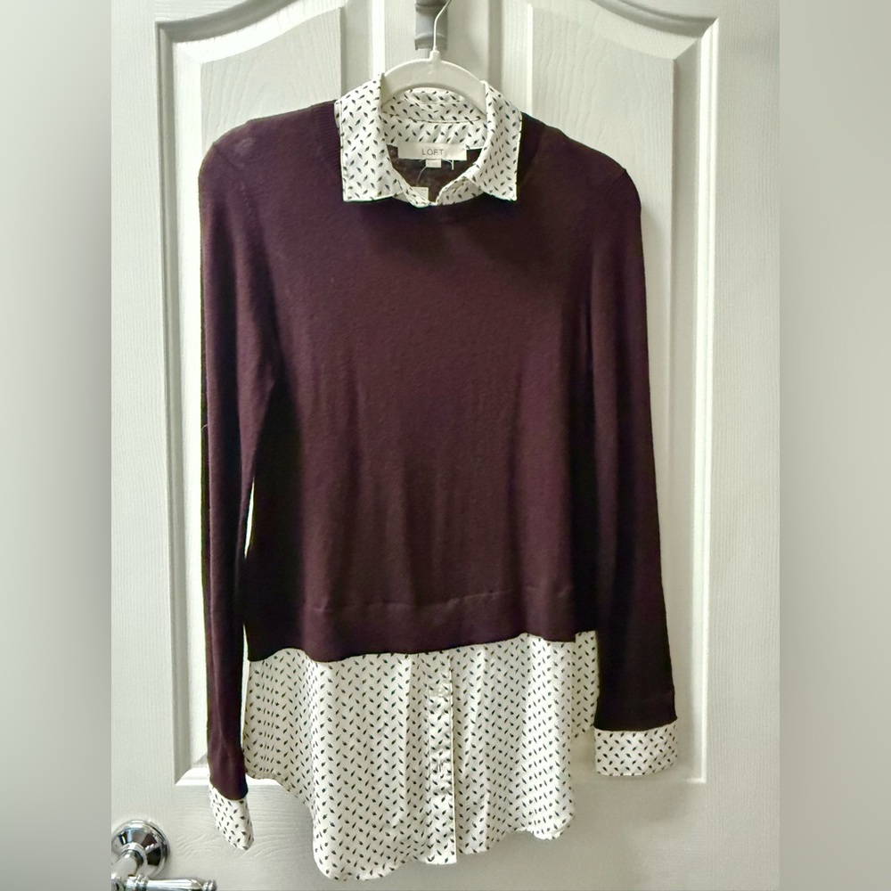 LOFT Women’s Layered Sweater with Patterned White Collar NWT